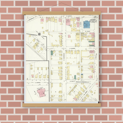 Old map wall art mockup — magnetic wood frame on brick wall — Sanborn Fire Insurance Map from Cadiz, Harrison County, Ohio (1909), Sheet #0004