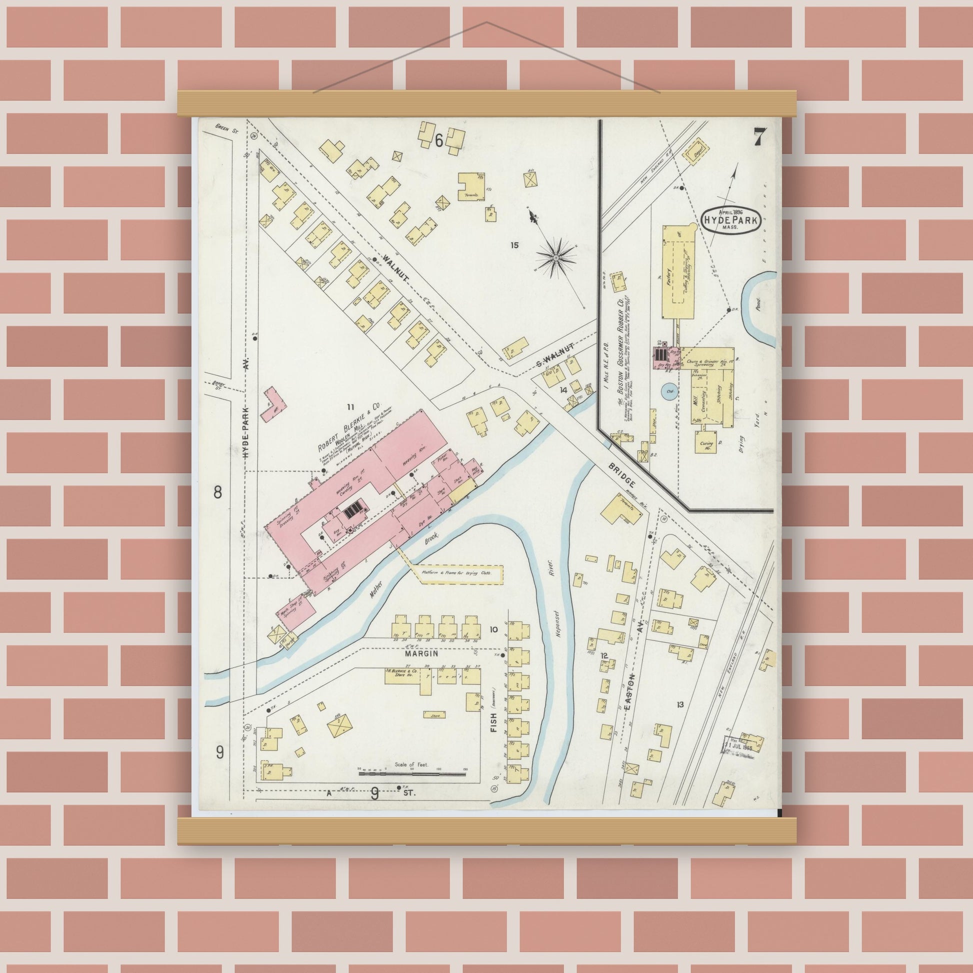 Old map wall art mockup — magnetic wood frame on brick wall — Sanborn Fire Insurance Map from Hyde Park, Norfolk County, Massachusetts (1896), Sheet #0007