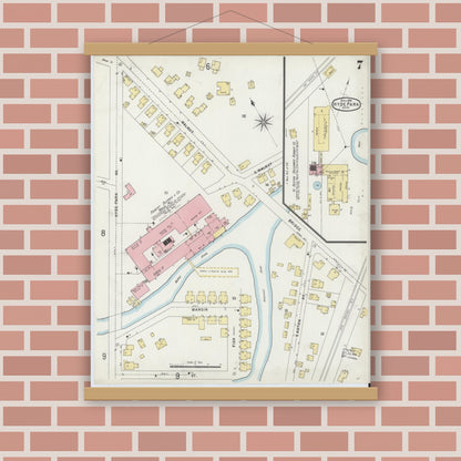 Old map wall art mockup — magnetic wood frame on brick wall — Sanborn Fire Insurance Map from Hyde Park, Norfolk County, Massachusetts (1896), Sheet #0007