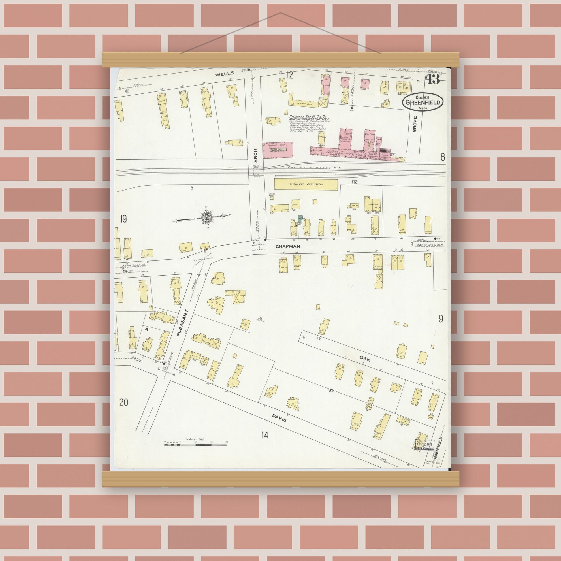 Old map wall art mockup — magnetic wood frame on brick wall — Sanborn Fire Insurance Map from Greenfield, Franklin County, Massachusetts (1909), Sheet #0013