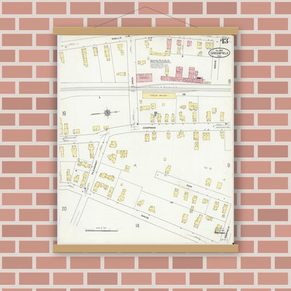 Old map wall art mockup — magnetic wood frame on brick wall — Sanborn Fire Insurance Map from Greenfield, Franklin County, Massachusetts (1909), Sheet #0013