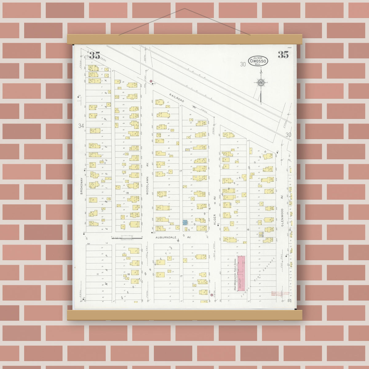 Old map wall art mockup — magnetic wood frame on brick wall — Sanborn Fire Insurance Map from Owosso, Shiawassee County, Michigan (1930), Sheet #0035