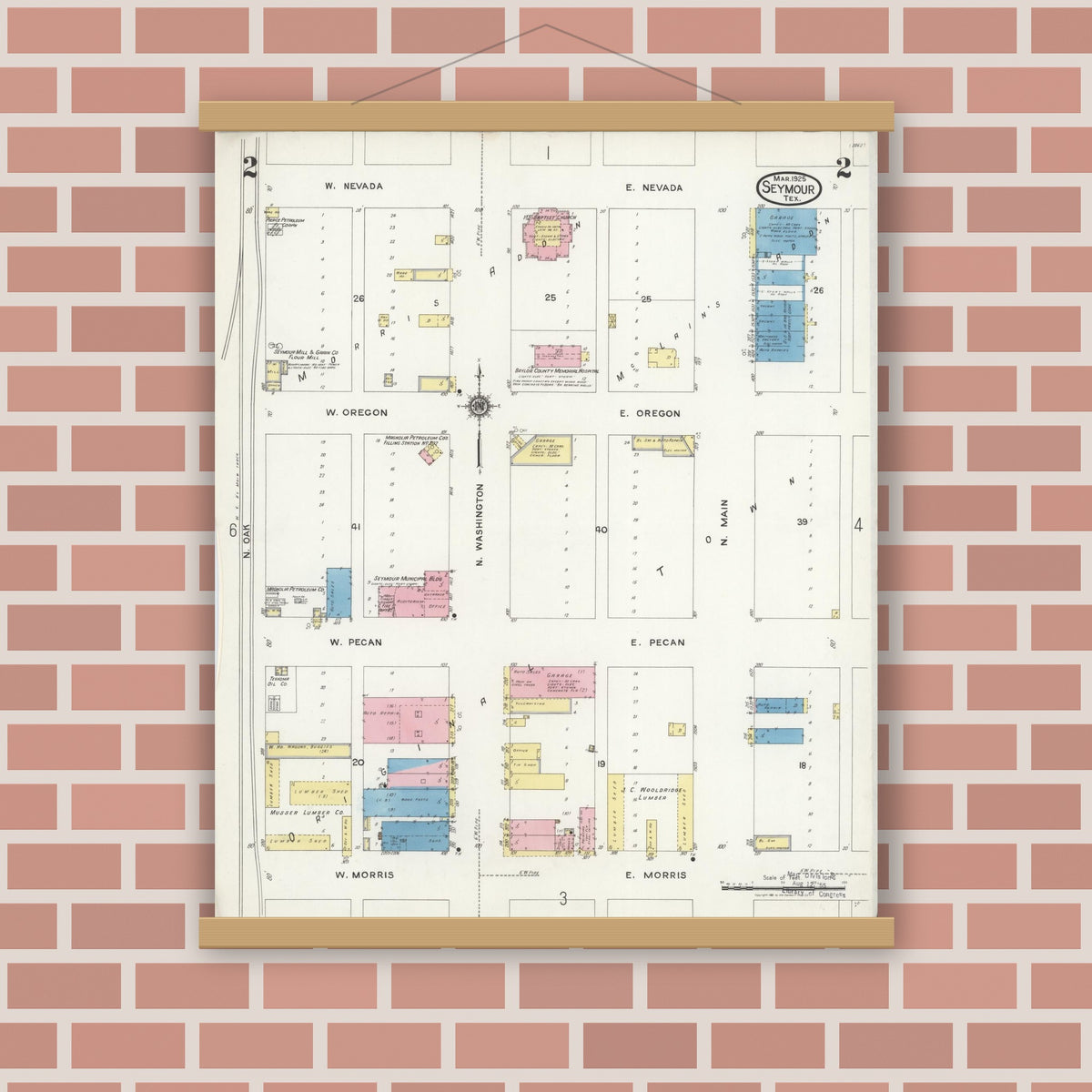 Old map wall art mockup — magnetic wood frame on brick wall — Sanborn Fire Insurance Map from Seymour, Baylor County, Texas (1925), Sheet #0002