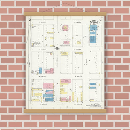 Old map wall art mockup — magnetic wood frame on brick wall — Sanborn Fire Insurance Map from Seymour, Baylor County, Texas (1925), Sheet #0002