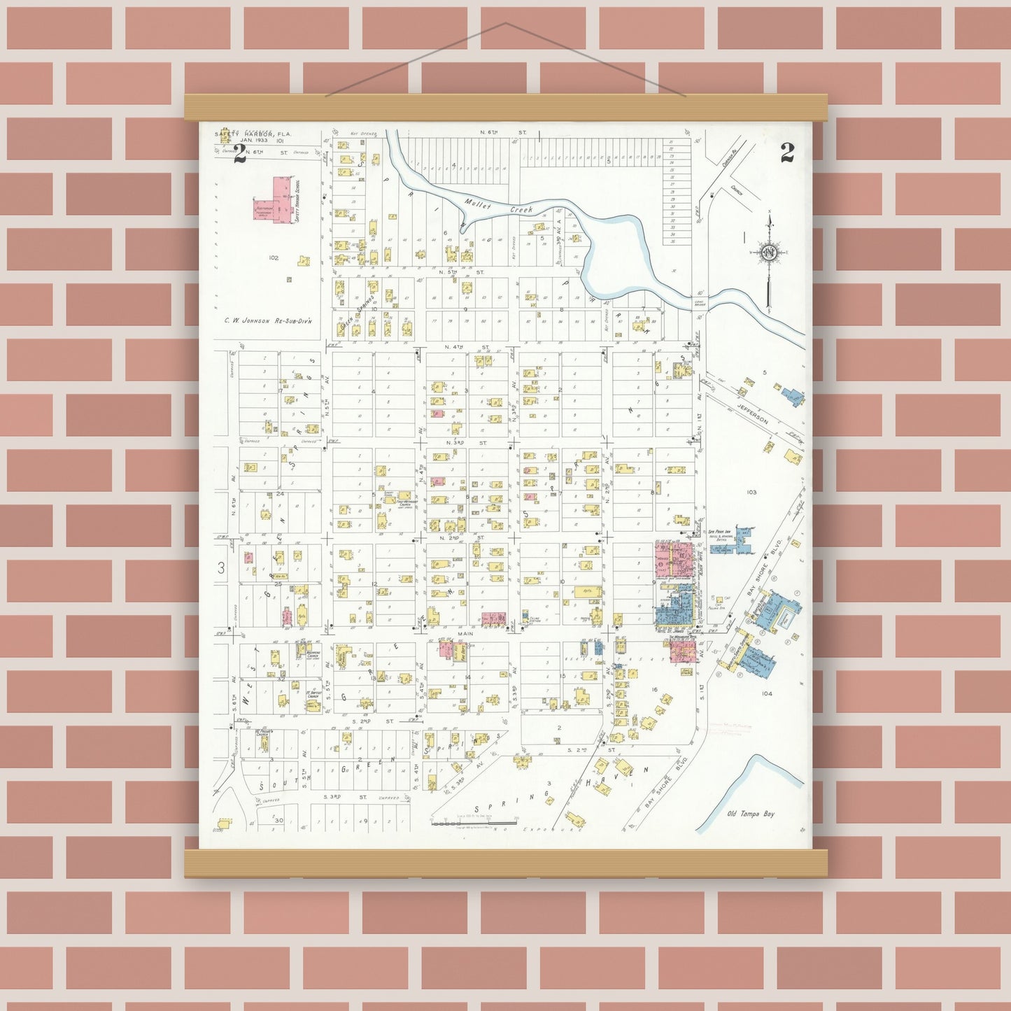 Old map wall art mockup — magnetic wood frame on brick wall — Sanborn Fire Insurance Map from Safety Harbor, Pinellas County, Florida (1933), Sheet #0002