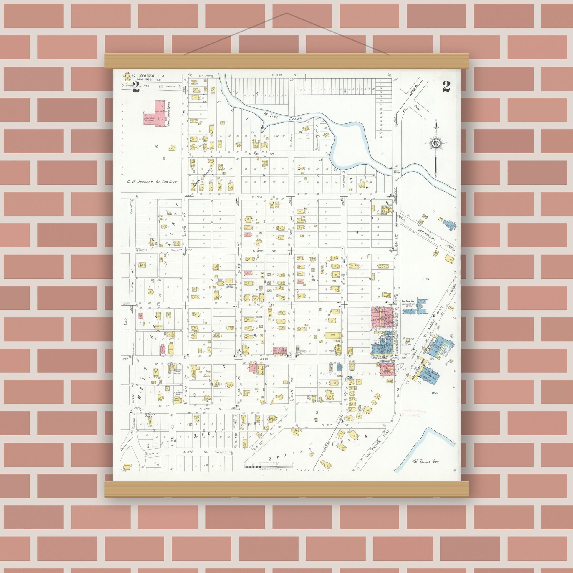 Old map wall art mockup — magnetic wood frame on brick wall — Sanborn Fire Insurance Map from Safety Harbor, Pinellas County, Florida (1933), Sheet #0002