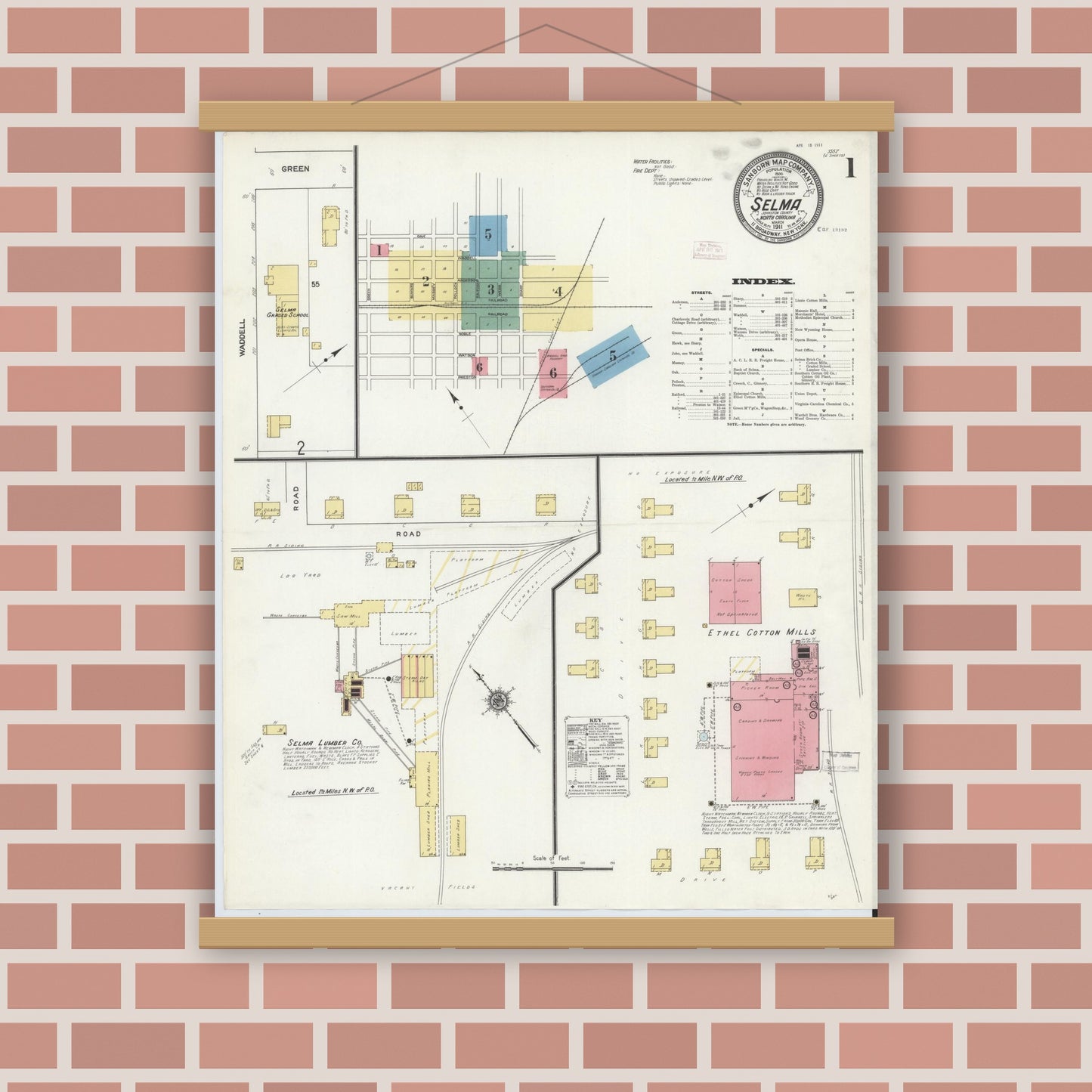 Old map wall art mockup — magnetic wood frame on brick wall — Sanborn Fire Insurance Map from Selma, Johnston County, North Carolina (1911) - Complete Map Set