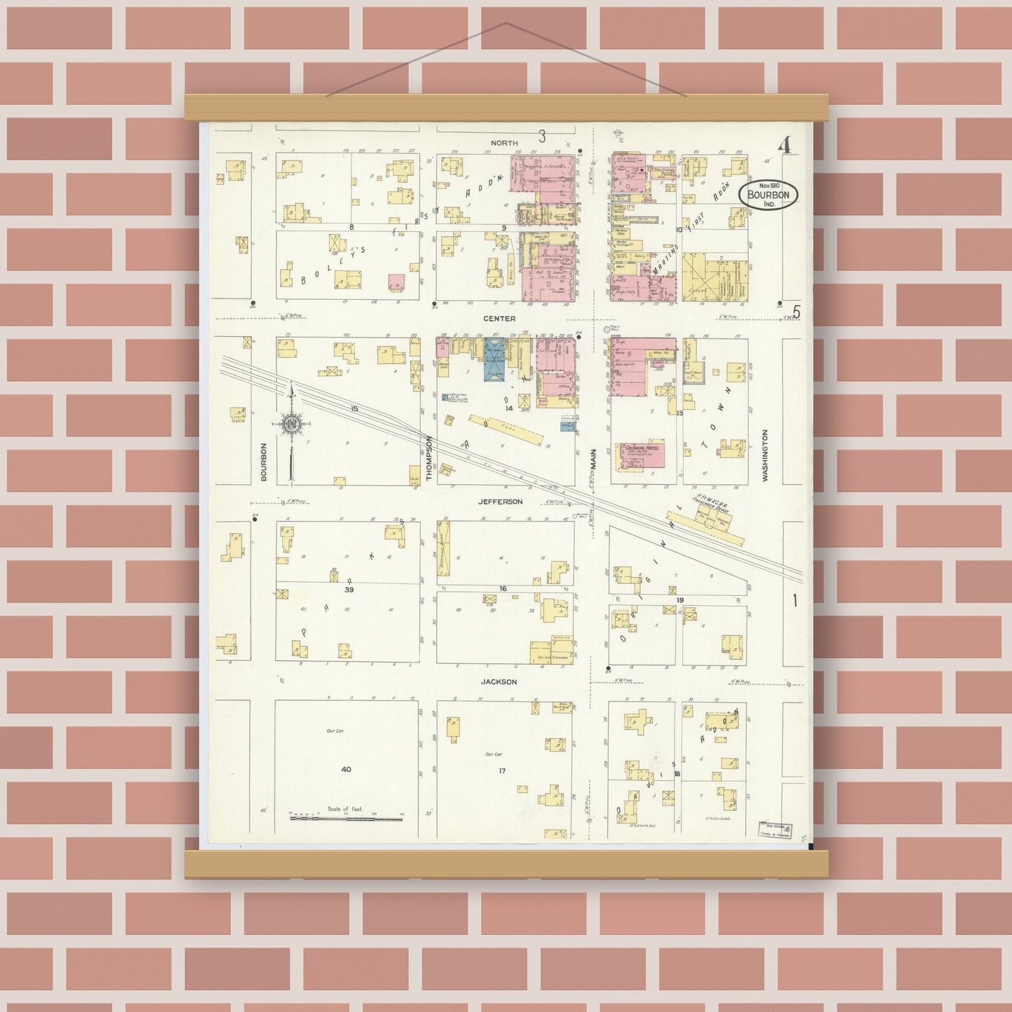 Old map wall art mockup — magnetic wood frame on brick wall — Sanborn Fire Insurance Map from Bourbon, Marshall County, Indiana (1910), Sheet #0004