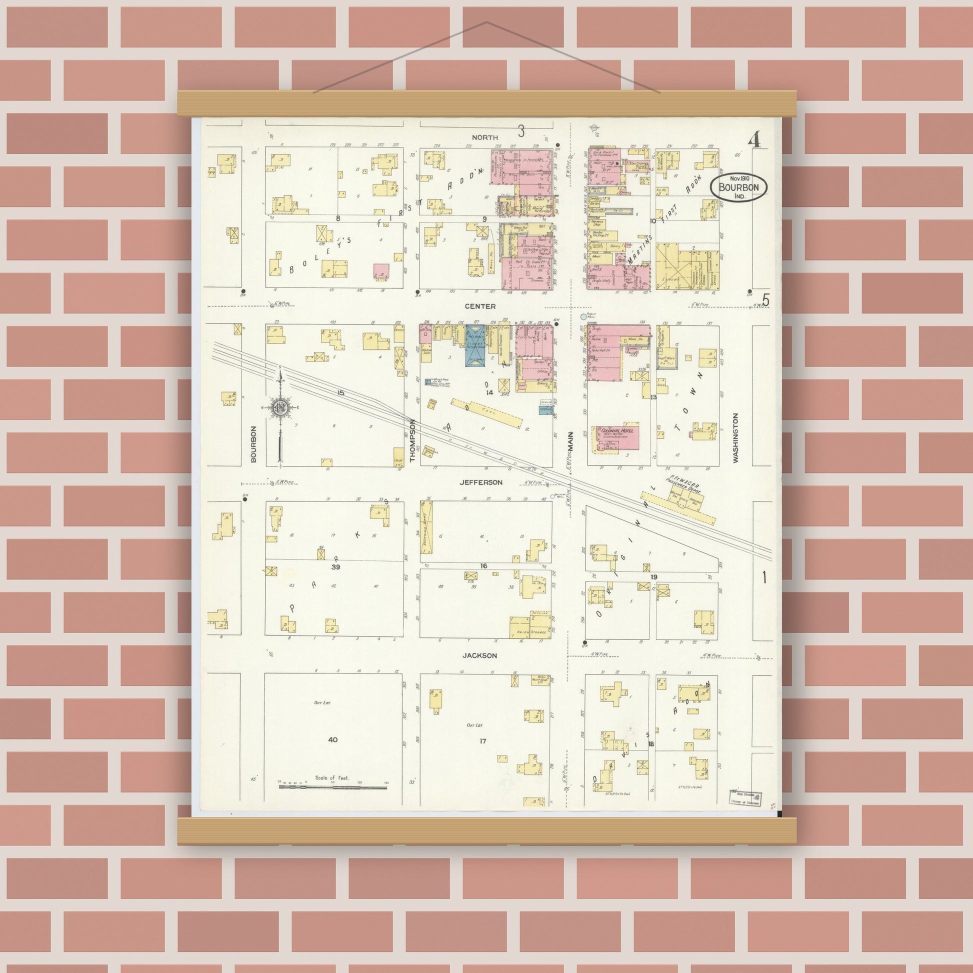 Old map wall art mockup — magnetic wood frame on brick wall — Sanborn Fire Insurance Map from Bourbon, Marshall County, Indiana (1910), Sheet #0004