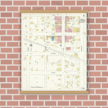 Old map wall art mockup — magnetic wood frame on brick wall — Sanborn Fire Insurance Map from Bourbon, Marshall County, Indiana (1910), Sheet #0004
