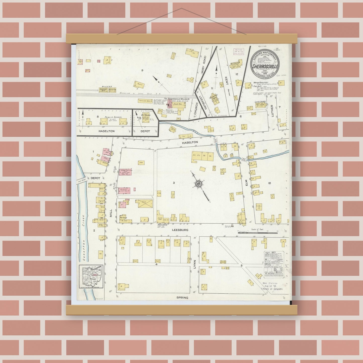 Old map wall art mockup — magnetic wood frame on brick wall — Sanborn Fire Insurance Map from Sherrodsville, Carroll County, Ohio (1915), Sheet #0001