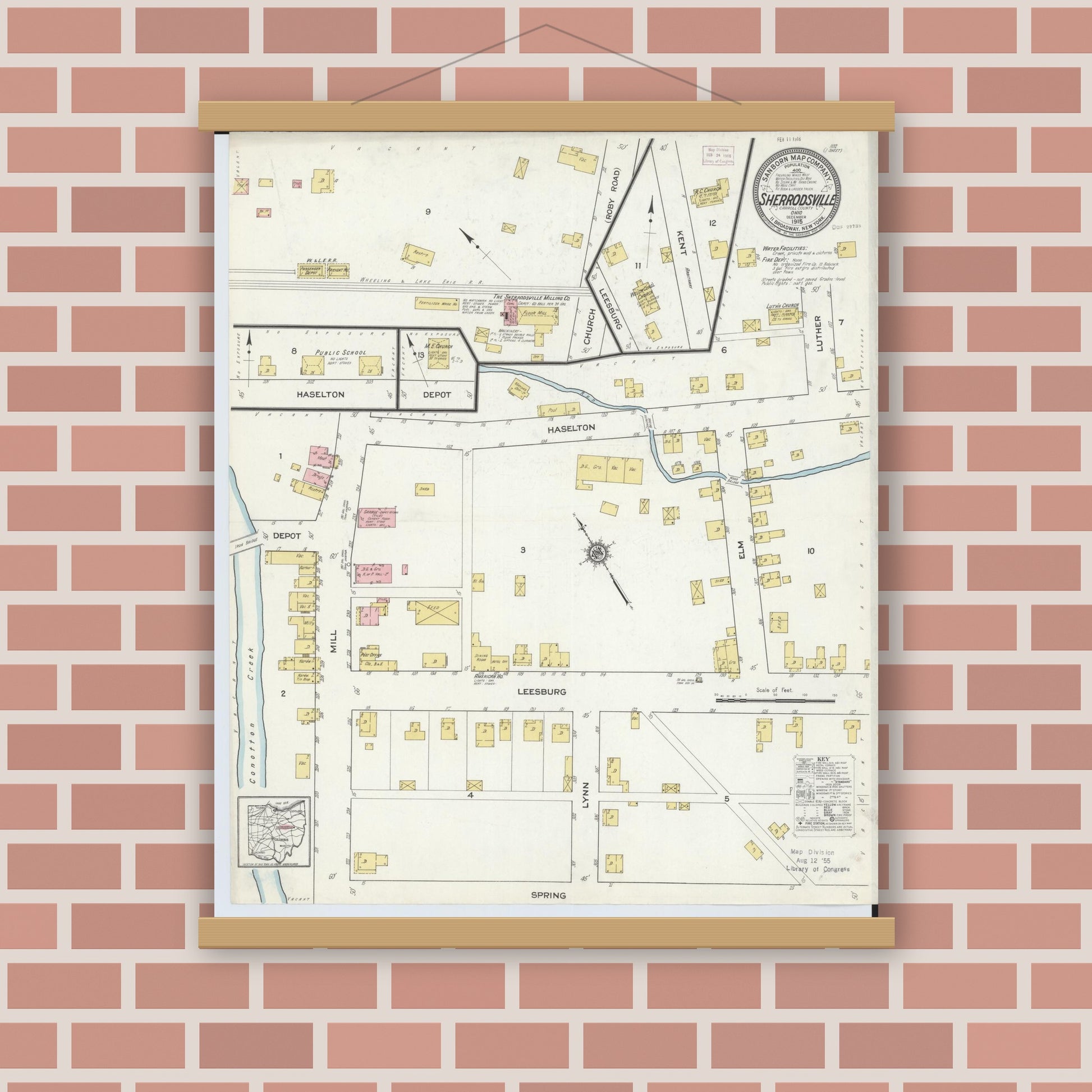 Old map wall art mockup — magnetic wood frame on brick wall — Sanborn Fire Insurance Map from Sherrodsville, Carroll County, Ohio (1915), Sheet #0001