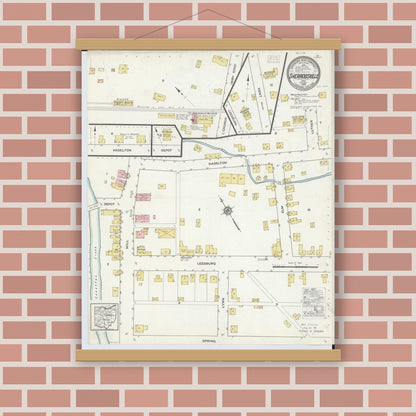 Old map wall art mockup — magnetic wood frame on brick wall — Sanborn Fire Insurance Map from Sherrodsville, Carroll County, Ohio (1915), Sheet #0001
