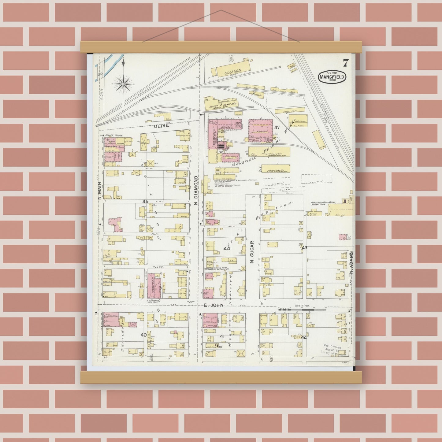 Old map wall art mockup — magnetic wood frame on brick wall — Sanborn Fire Insurance Map from Mansfield, Richland County, Ohio (1892), Sheet #0007