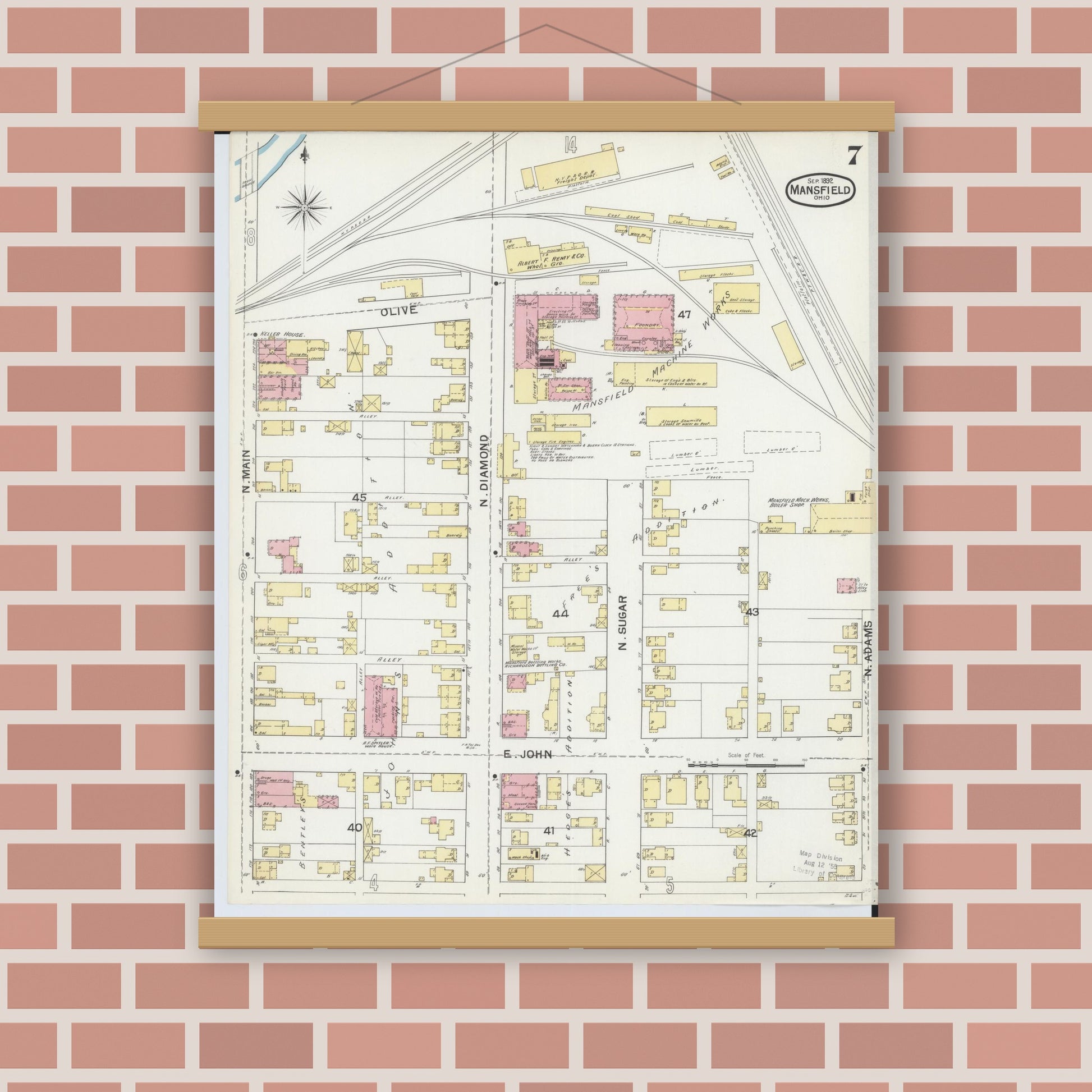 Old map wall art mockup — magnetic wood frame on brick wall — Sanborn Fire Insurance Map from Mansfield, Richland County, Ohio (1892), Sheet #0007