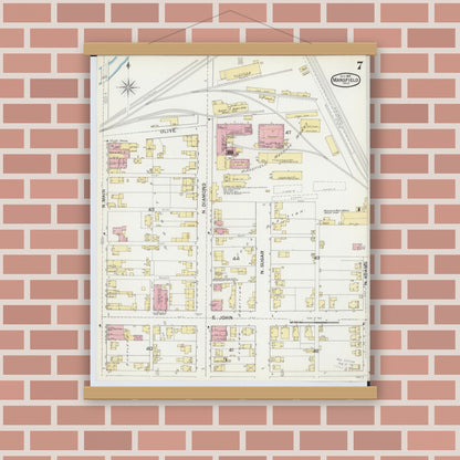Old map wall art mockup — magnetic wood frame on brick wall — Sanborn Fire Insurance Map from Mansfield, Richland County, Ohio (1892), Sheet #0007