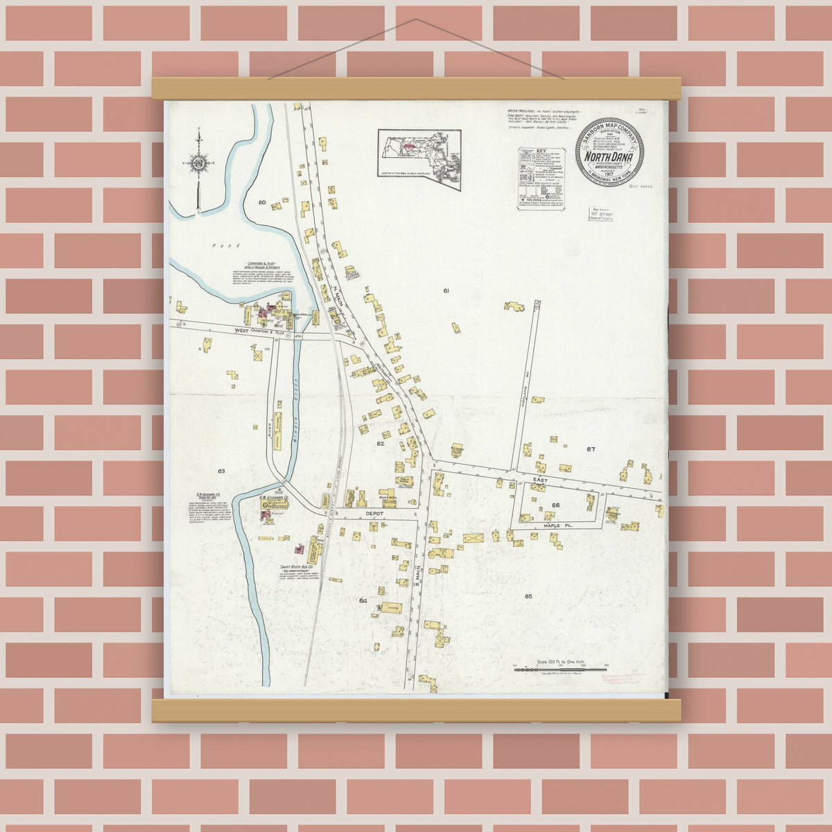 Old map wall art mockup — magnetic wood frame on brick wall — Sanborn Fire Insurance Map from North Dana, Worcester County, Massachusetts (1917), Sheet #0001