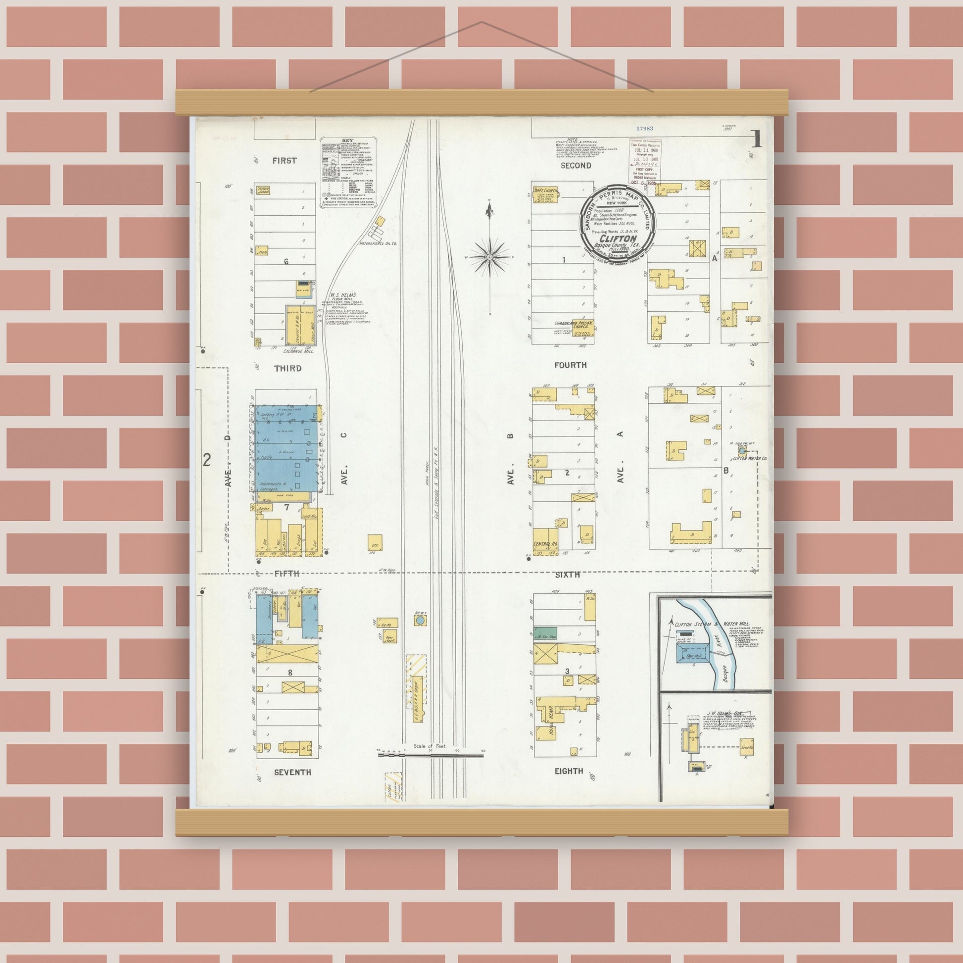 Old map wall art mockup — magnetic wood frame on brick wall — Sanborn Fire Insurance Map from Clifton, Bosque County, Texas (1900) - Complete Map Set