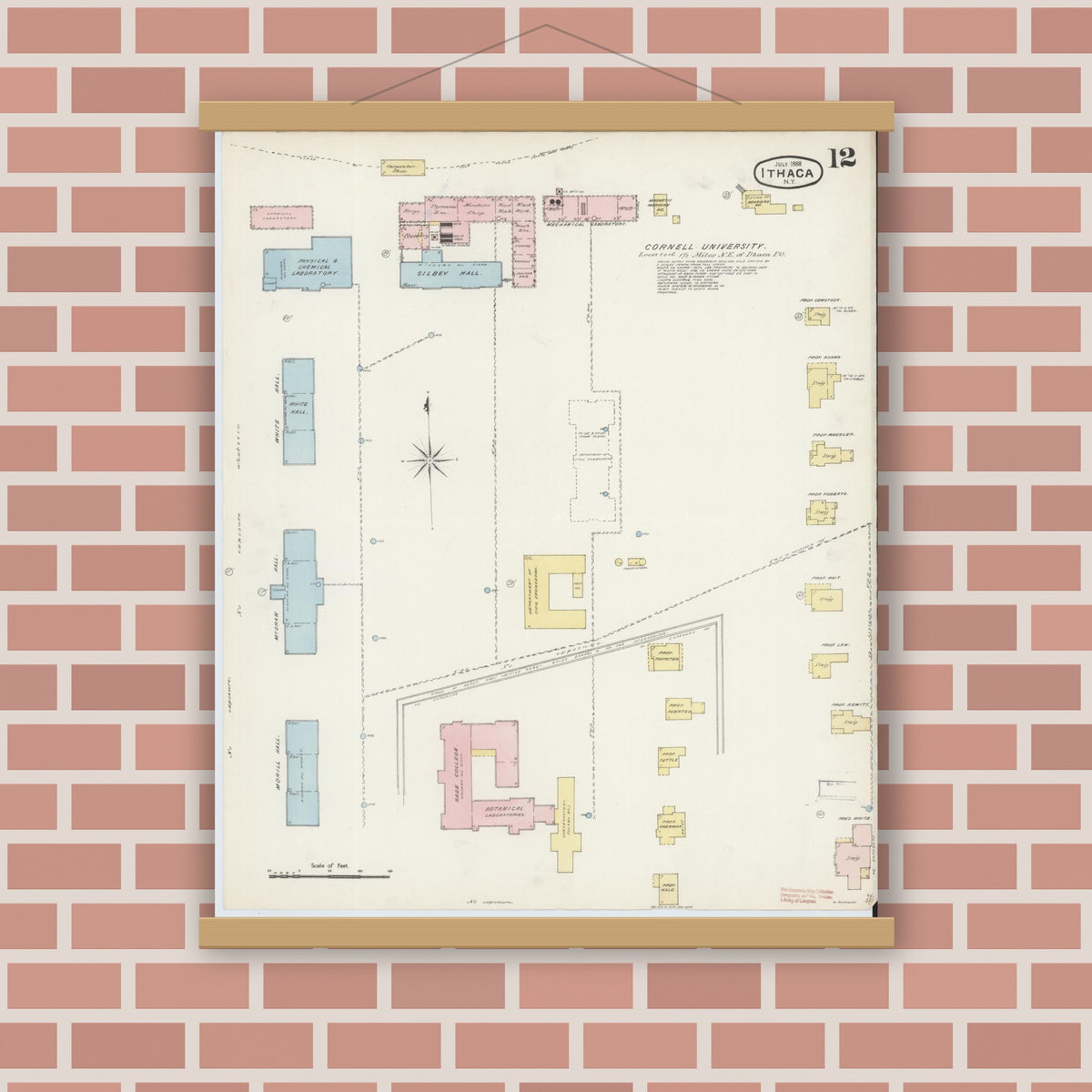 Old map wall art mockup — magnetic wood frame on brick wall — Sanborn Fire Insurance Map from Ithaca, Tompkins County, New York (1888), Sheet #0012