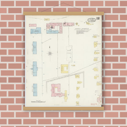 Old map wall art mockup — magnetic wood frame on brick wall — Sanborn Fire Insurance Map from Ithaca, Tompkins County, New York (1888), Sheet #0012
