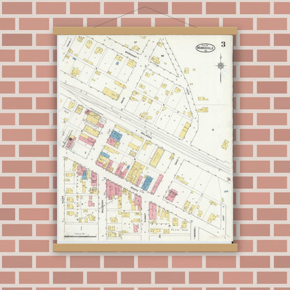 Old map wall art mockup — magnetic wood frame on brick wall — Sanborn Fire Insurance Map from Monroeville, Allen County, Indiana (1916), Sheet #0003