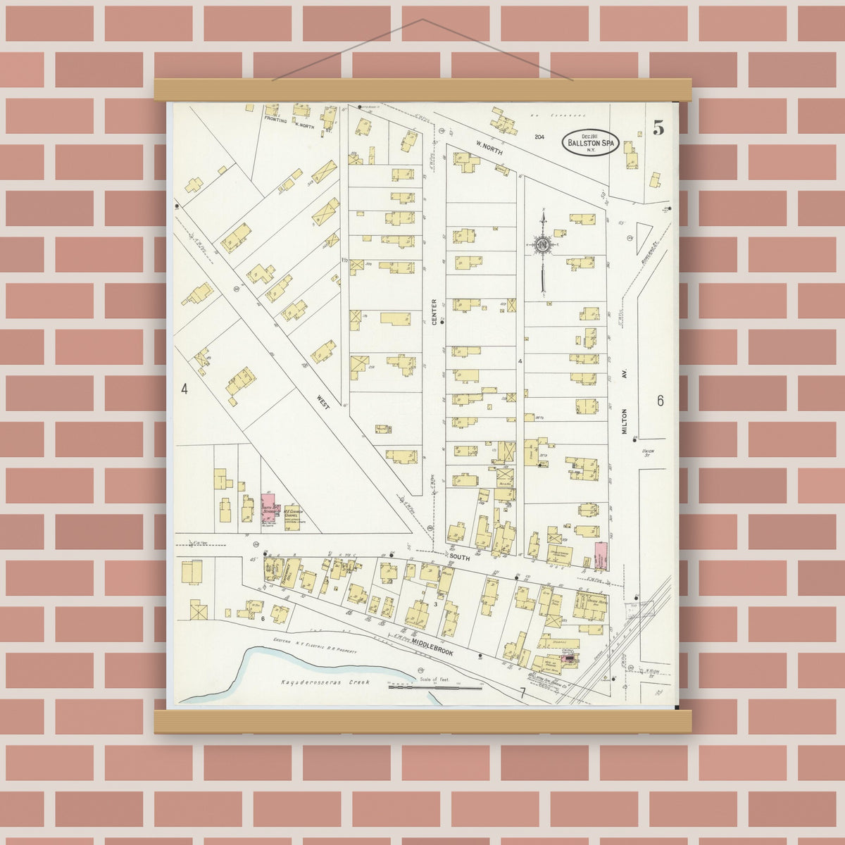 Old map wall art mockup — magnetic wood frame on brick wall — Sanborn Fire Insurance Map from Ballston Spa, Saratoga County, New York (1911), Sheet #0005