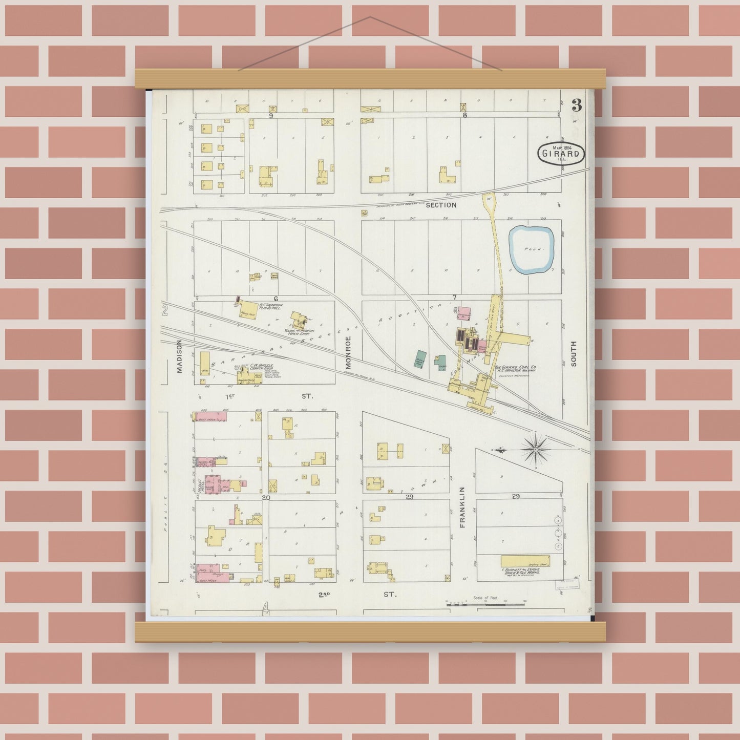Old map wall art mockup — magnetic wood frame on brick wall — Sanborn Fire Insurance Map from Girard, Macoupin County, Illinois (1894), Sheet #0003