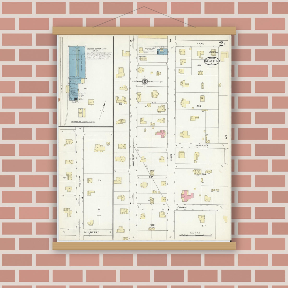 Old map wall art mockup — magnetic wood frame on brick wall — Sanborn Fire Insurance Map from Decatur, Wise County, Texas (1914), Sheet #0002