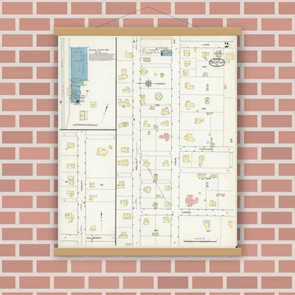 Old map wall art mockup — magnetic wood frame on brick wall — Sanborn Fire Insurance Map from Decatur, Wise County, Texas (1914), Sheet #0002