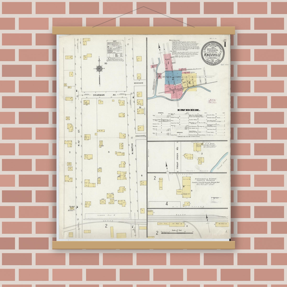 Old map wall art mockup — magnetic wood frame on brick wall — Sanborn Fire Insurance Map from Knoxville, Tioga County, Pennsylvania (1911) - Complete Map Set