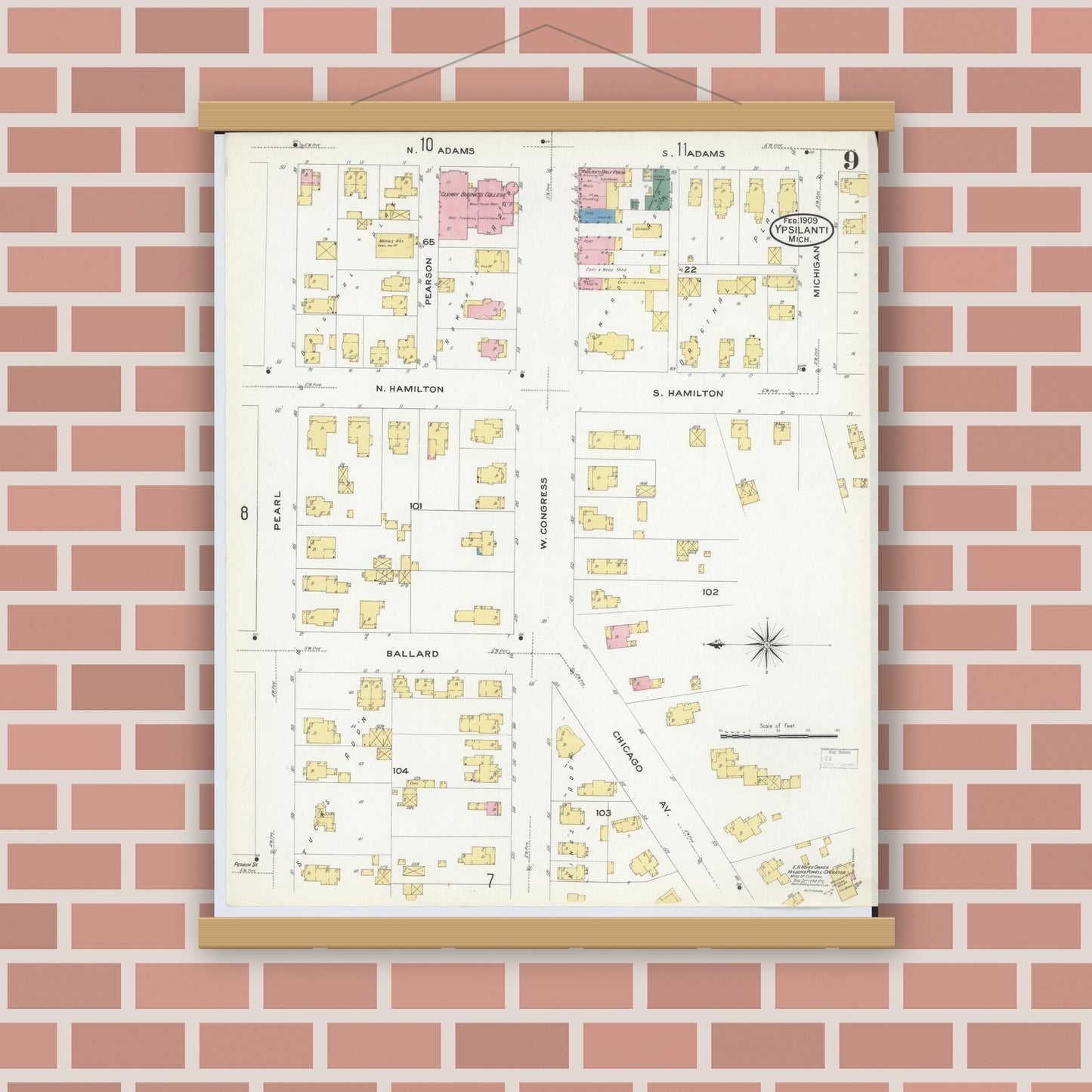 Old map wall art mockup — magnetic wood frame on brick wall — Sanborn Fire Insurance Map from Ypsilanti, Washtenaw County, Michigan (1909), Sheet #0009