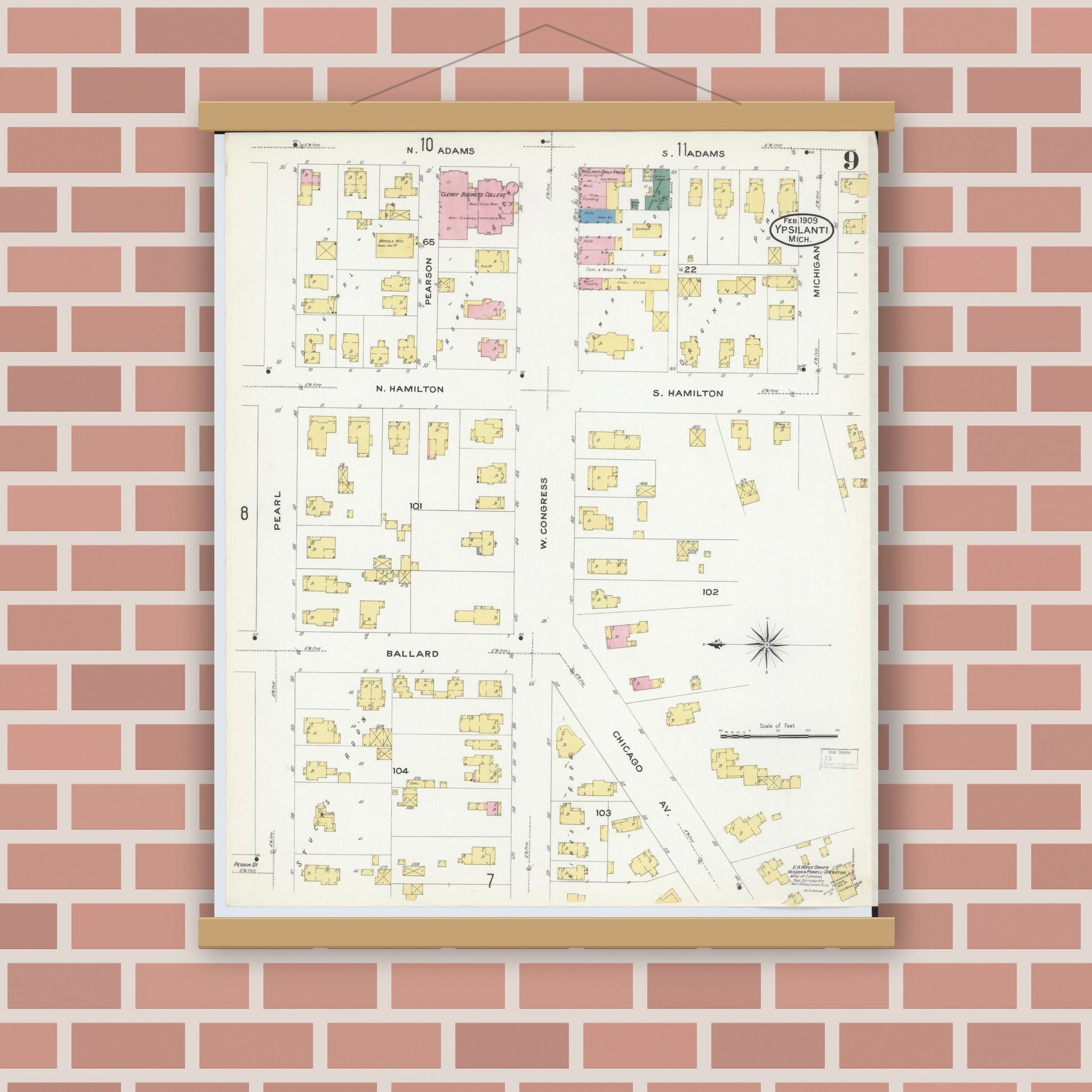Old map wall art mockup — magnetic wood frame on brick wall — Sanborn Fire Insurance Map from Ypsilanti, Washtenaw County, Michigan (1909), Sheet #0009