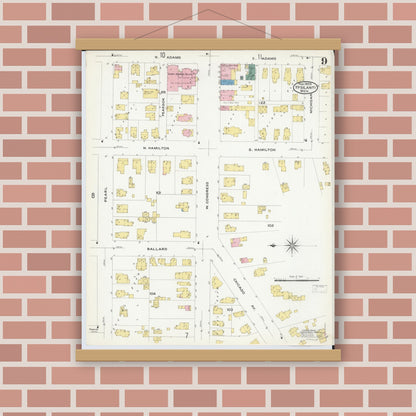 Old map wall art mockup — magnetic wood frame on brick wall — Sanborn Fire Insurance Map from Ypsilanti, Washtenaw County, Michigan (1909), Sheet #0009