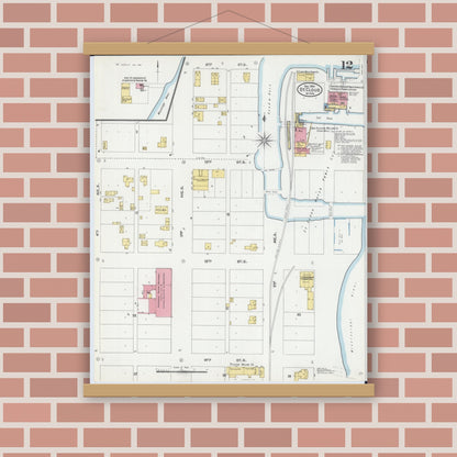Old map wall art mockup — magnetic wood frame on brick wall — Sanborn Fire Insurance Map from Saint Cloud, Stearns, Benton, and Sherburne Counties, Minnesota (1904), Sheet #0012