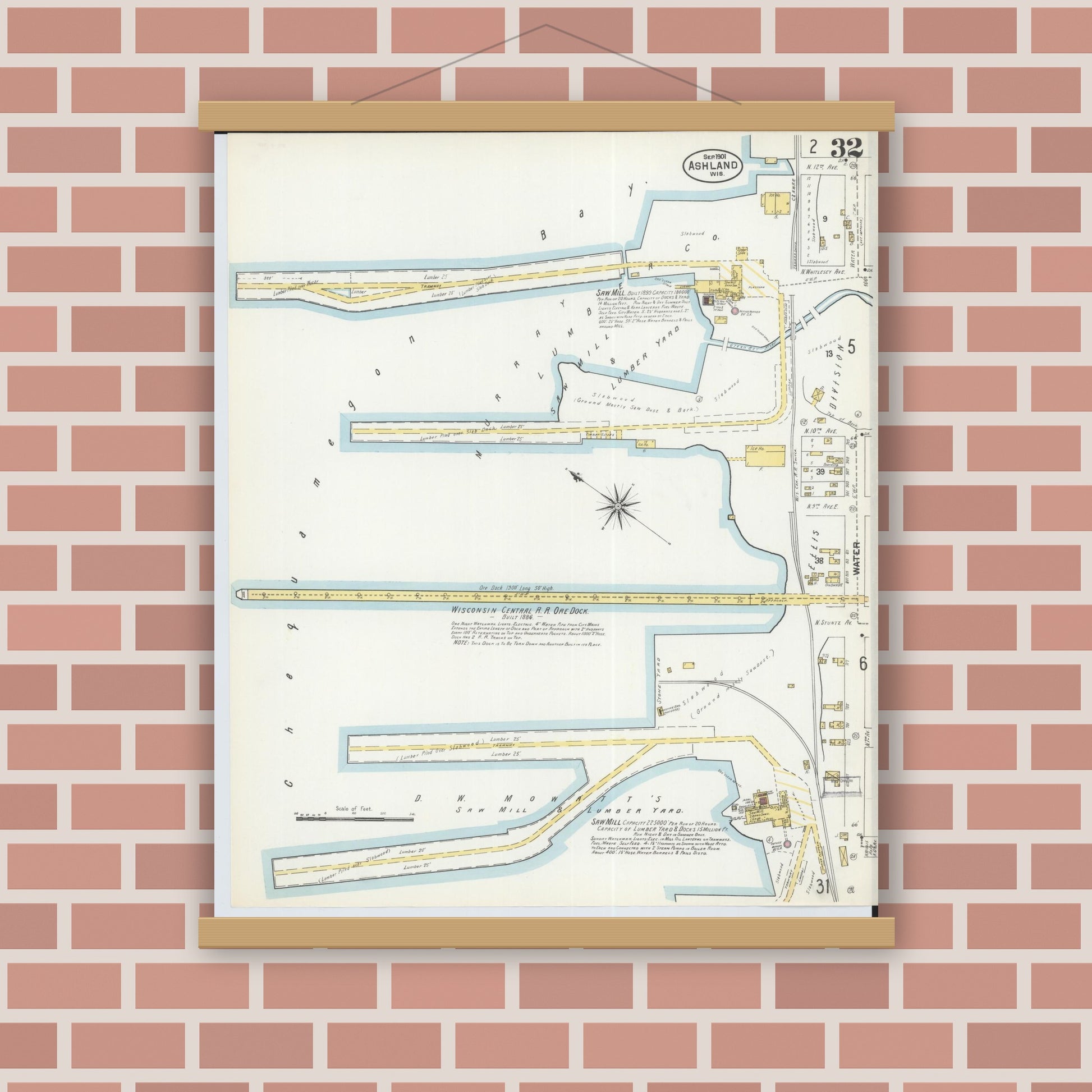 Old map wall art mockup — magnetic wood frame on brick wall — Sanborn Fire Insurance Map from Ashland, Ashland County, Wisconsin (1901), Sheet #0032