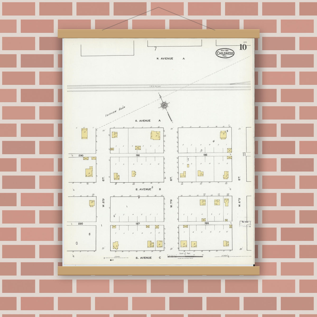 Old map wall art mockup — magnetic wood frame on brick wall — Sanborn Fire Insurance Map from Childress, Childress County, Texas (1921), Sheet #0010