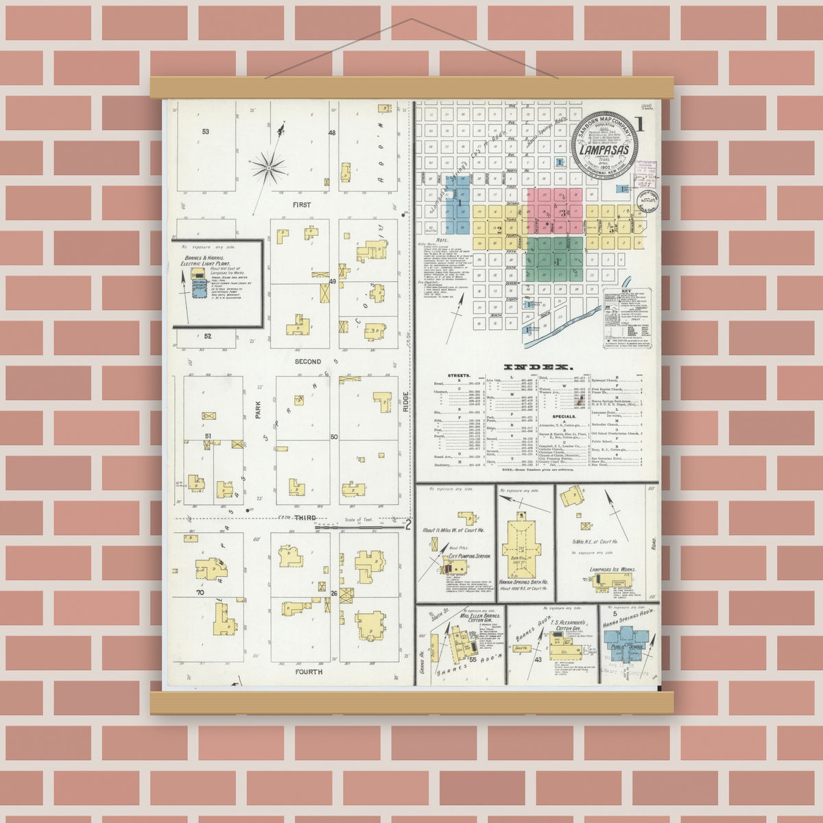 Old map wall art mockup — magnetic wood frame on brick wall — Sanborn Fire Insurance Map from Lampasas, Lampasas County, Texas (1902) - Complete Map Set