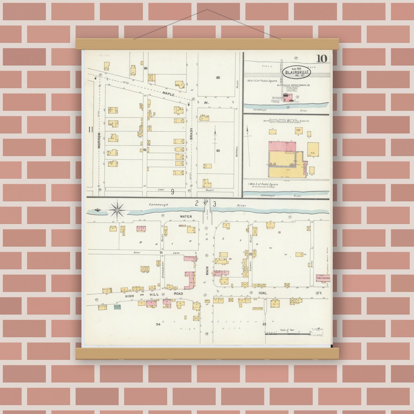 Old map wall art mockup — magnetic wood frame on brick wall — Sanborn Fire Insurance Map from Blairsville, Indiana County, Pennsylvania (1903), Sheet #0010