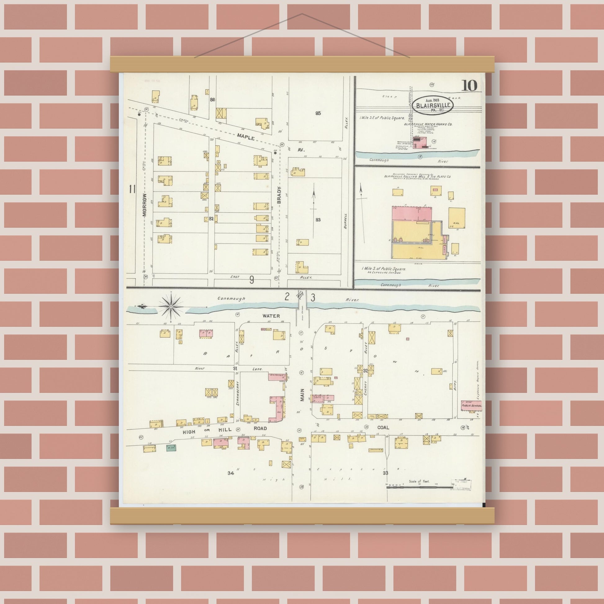 Old map wall art mockup — magnetic wood frame on brick wall — Sanborn Fire Insurance Map from Blairsville, Indiana County, Pennsylvania (1903), Sheet #0010