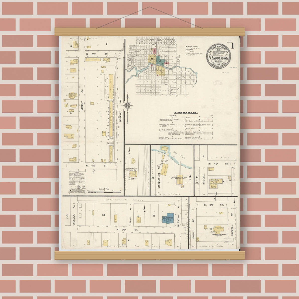 Old map wall art mockup — magnetic wood frame on brick wall — Sanborn Fire Insurance Map from Fort Lauderdale, Broward County, Florida (1912), Sheet #0001