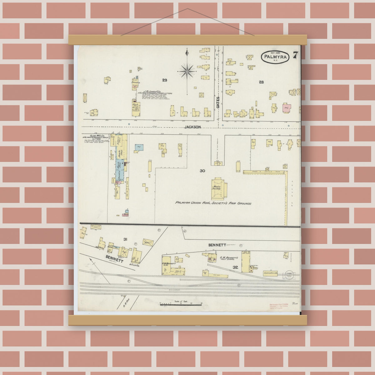 Old map wall art mockup — magnetic wood frame on brick wall — Sanborn Fire Insurance Map from Palmyra, Wayne County, New York (1889), Sheet #0007