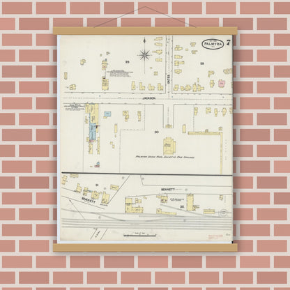 Old map wall art mockup — magnetic wood frame on brick wall — Sanborn Fire Insurance Map from Palmyra, Wayne County, New York (1889), Sheet #0007