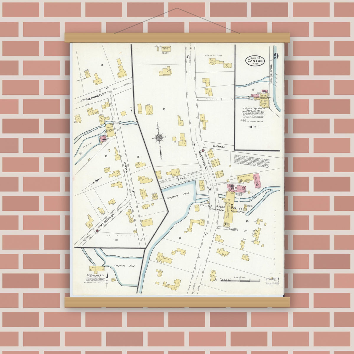 Old map wall art mockup — magnetic wood frame on brick wall — Sanborn Fire Insurance Map from Canton, Norfolk County, Massachusetts (1911), Sheet #0009