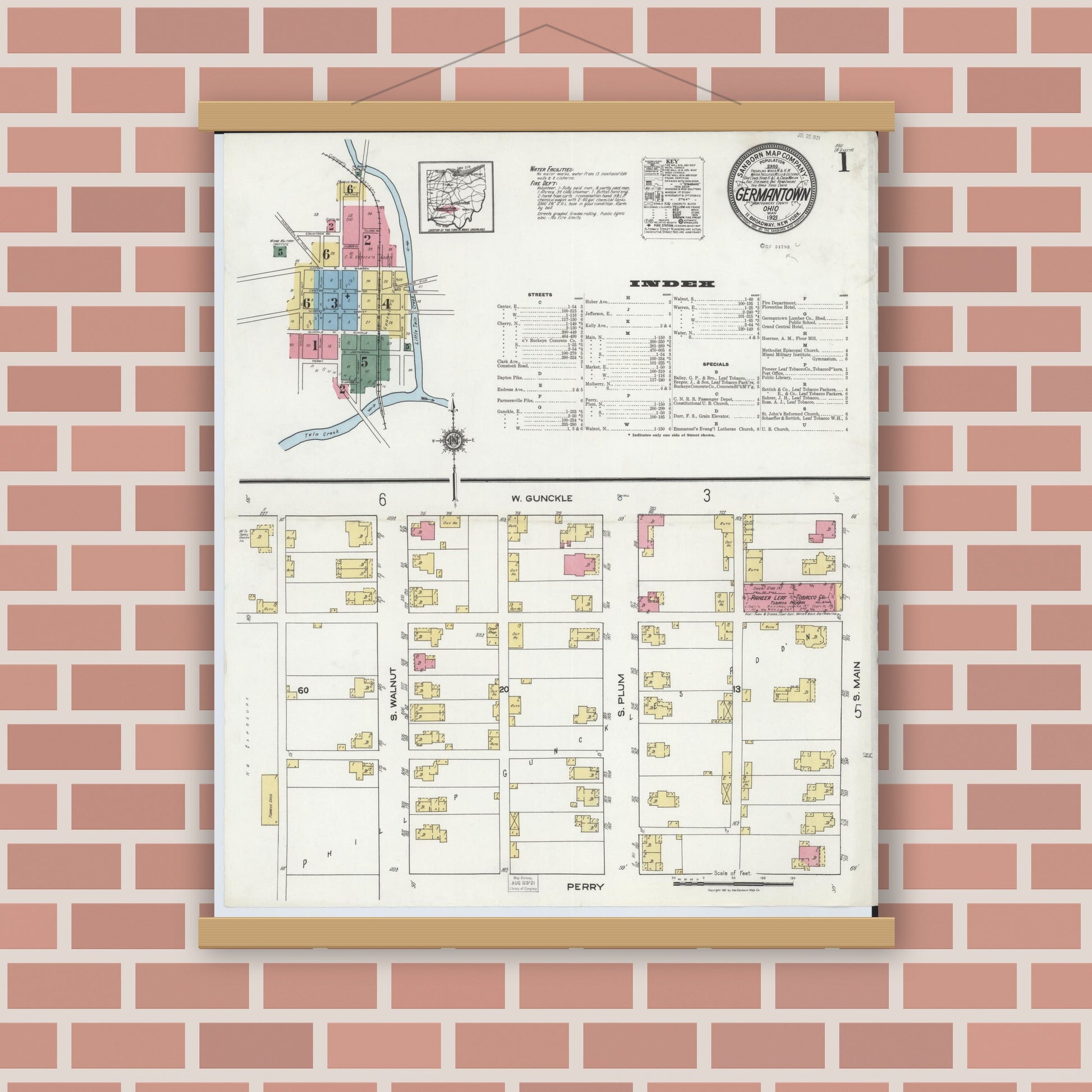 Old map wall art mockup — magnetic wood frame on brick wall — Sanborn Fire Insurance Map from Germantown, Montgomery County, Ohio (1921), Sheet #0001