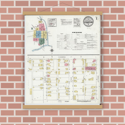 Old map wall art mockup — magnetic wood frame on brick wall — Sanborn Fire Insurance Map from Germantown, Montgomery County, Ohio (1921), Sheet #0001
