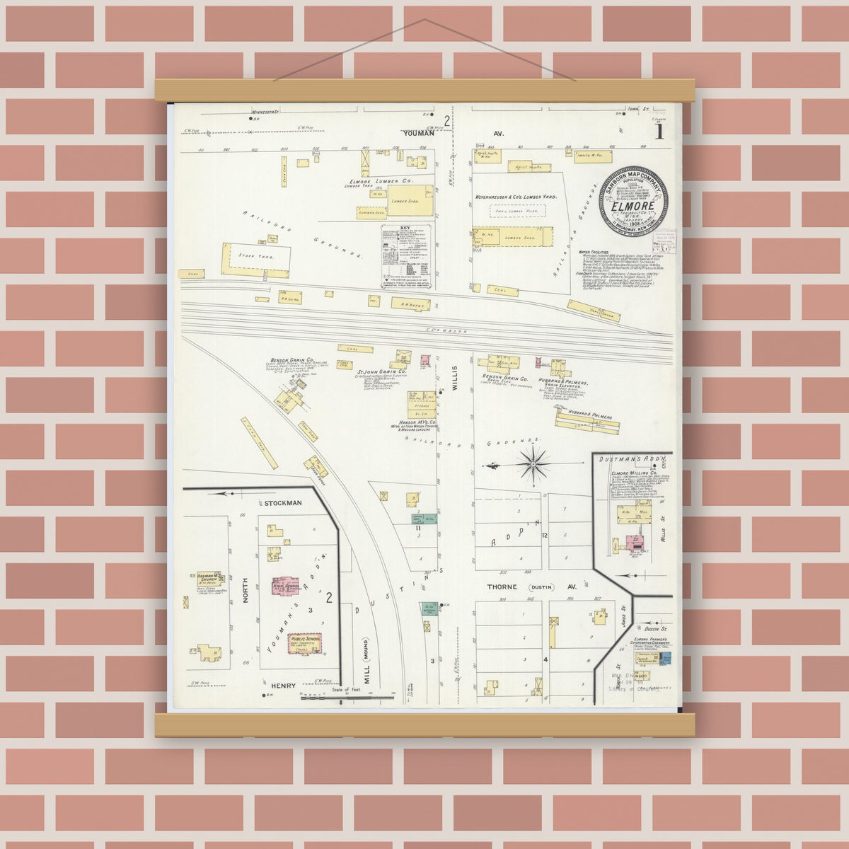 Old map wall art mockup — magnetic wood frame on brick wall — Sanborn Fire Insurance Map from Elmore, Faribault County, Minnesota (1908) - Complete Map Set