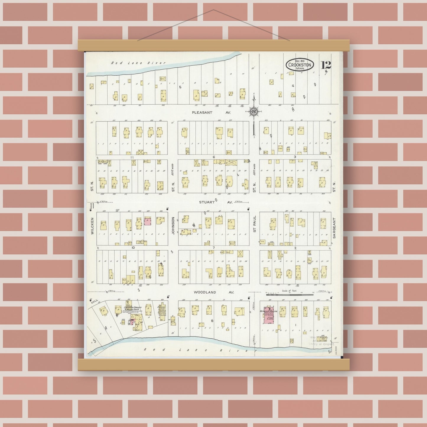 Old map wall art mockup — magnetic wood frame on brick wall — Sanborn Fire Insurance Map from Crookston, Polk County, Minnesota (1913), Sheet #0012