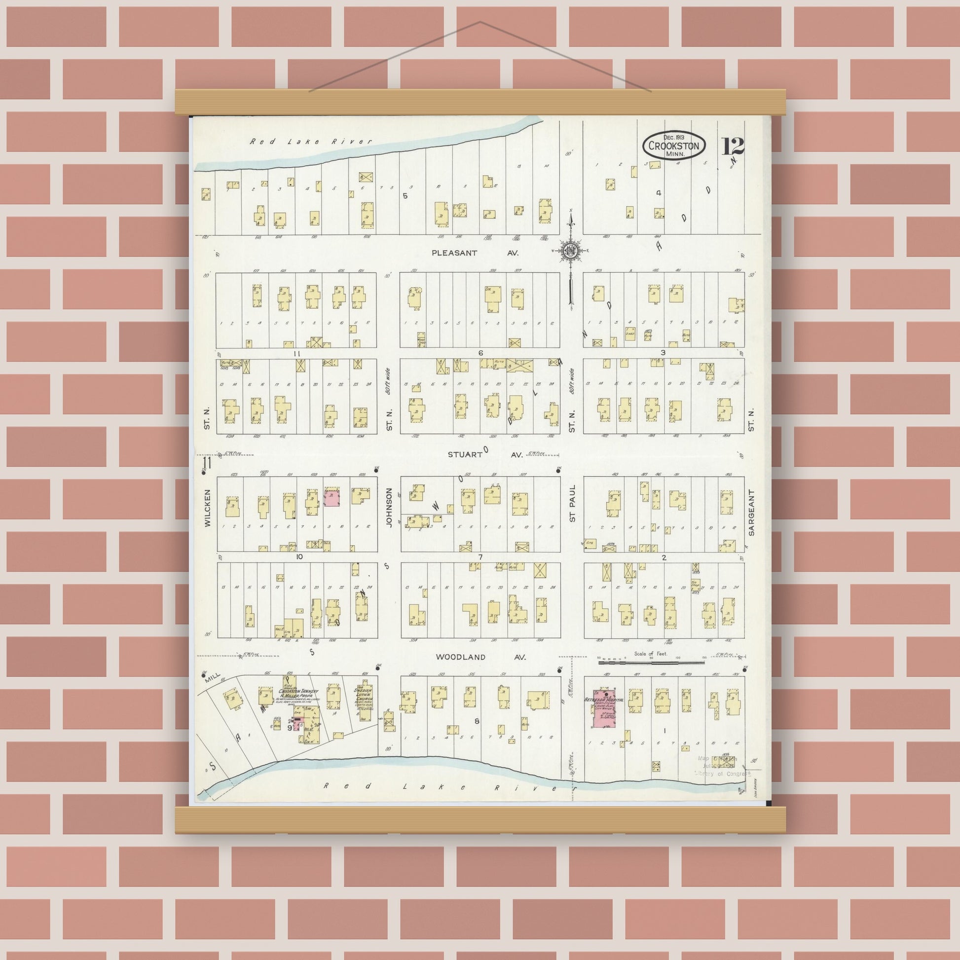 Old map wall art mockup — magnetic wood frame on brick wall — Sanborn Fire Insurance Map from Crookston, Polk County, Minnesota (1913), Sheet #0012
