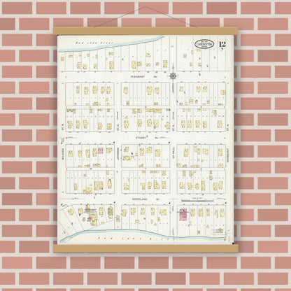 Old map wall art mockup — magnetic wood frame on brick wall — Sanborn Fire Insurance Map from Crookston, Polk County, Minnesota (1913), Sheet #0012