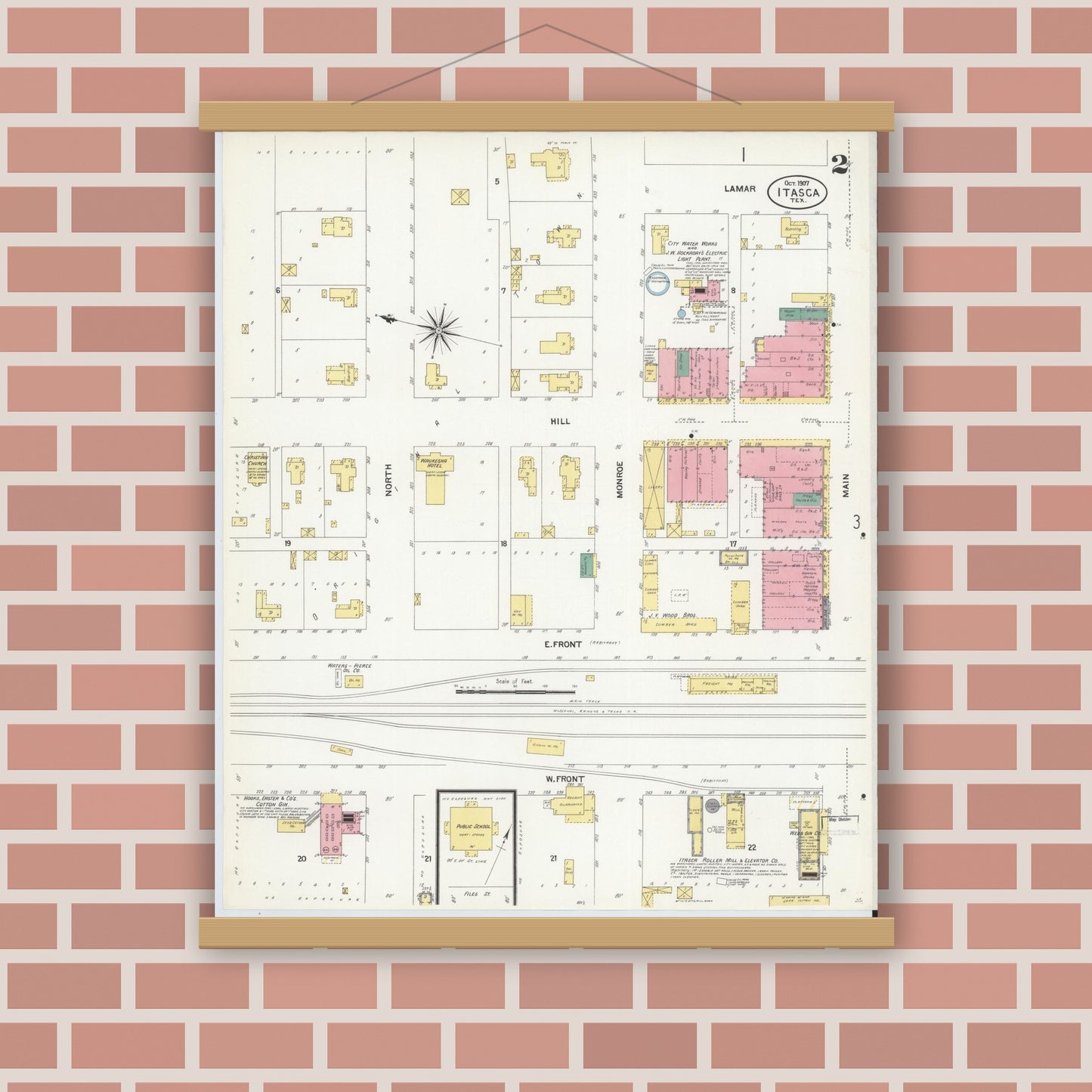 Old map wall art mockup — magnetic wood frame on brick wall — Sanborn Fire Insurance Map from Itasca, Hill County, Texas (1907), Sheet #0002